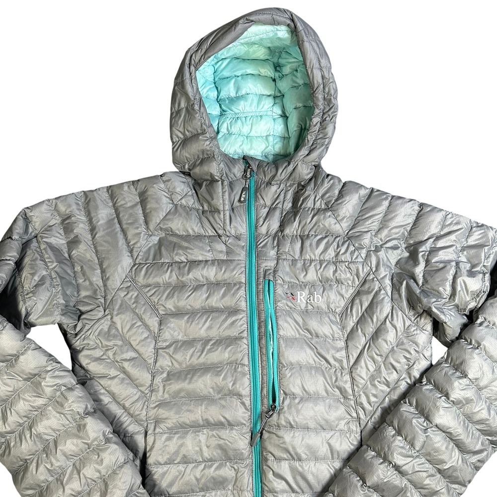 Rab Kaon Hooded Down Jacket Womens Medium Grey Teal Puffer Technical Layer